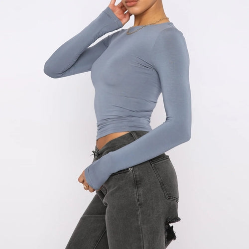 Fashion Slim Long-sleeved Pullovers Tops Solid Causal