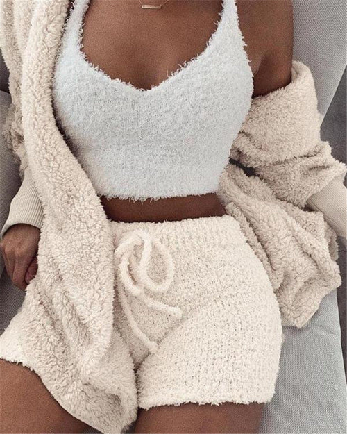 3-Piece Set Long Sleeve Crop Tank Top And Drawstring Shorts