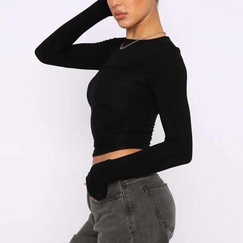 Fashion Slim Long-sleeved Pullovers Tops Solid Causal