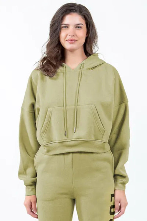 American Bazi Letter Graphic Long Sleeve Drawstring Cropped Hoodie Green