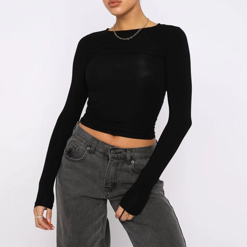 Fashion Slim Long-sleeved Pullovers Tops Solid Causal