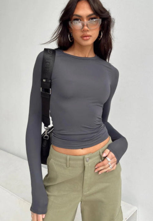 Fashion Slim Long-sleeved Pullovers Tops Solid Causal