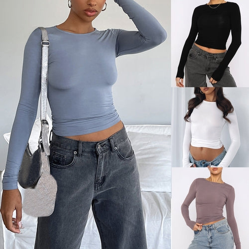 Fashion Slim Long-sleeved Pullovers Tops Solid Causal