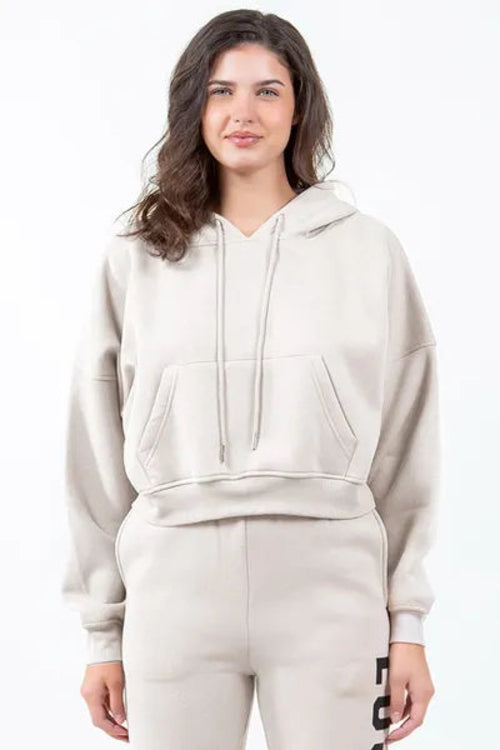 American Bazi Long Sleeve Drawstring Cropped Hoodie Grey