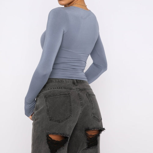 Fashion Slim Long-sleeved Pullovers Tops Solid Causal