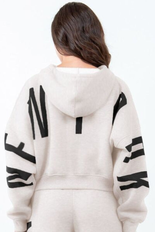 American Bazi Letter Graphic Long Sleeve Drawstring Cropped Hoodie White