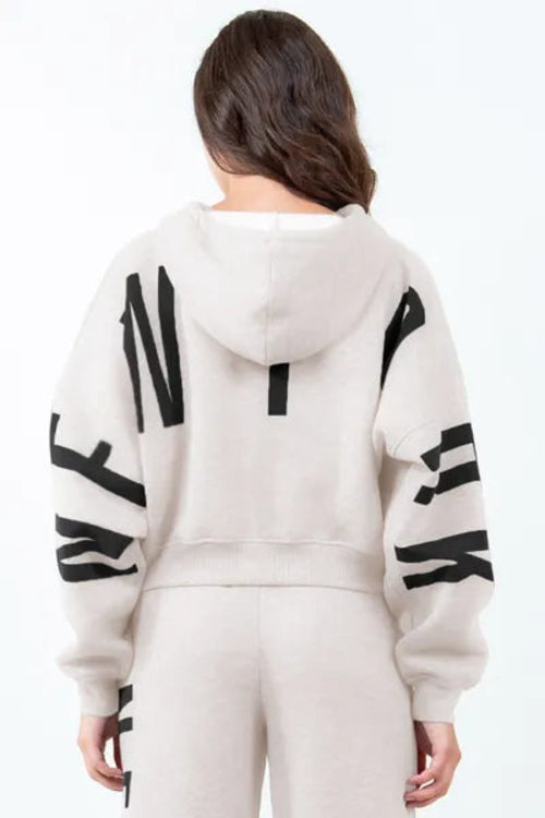 American Bazi Letter Graphic Long Sleeve Drawstring Cropped Hoodie White